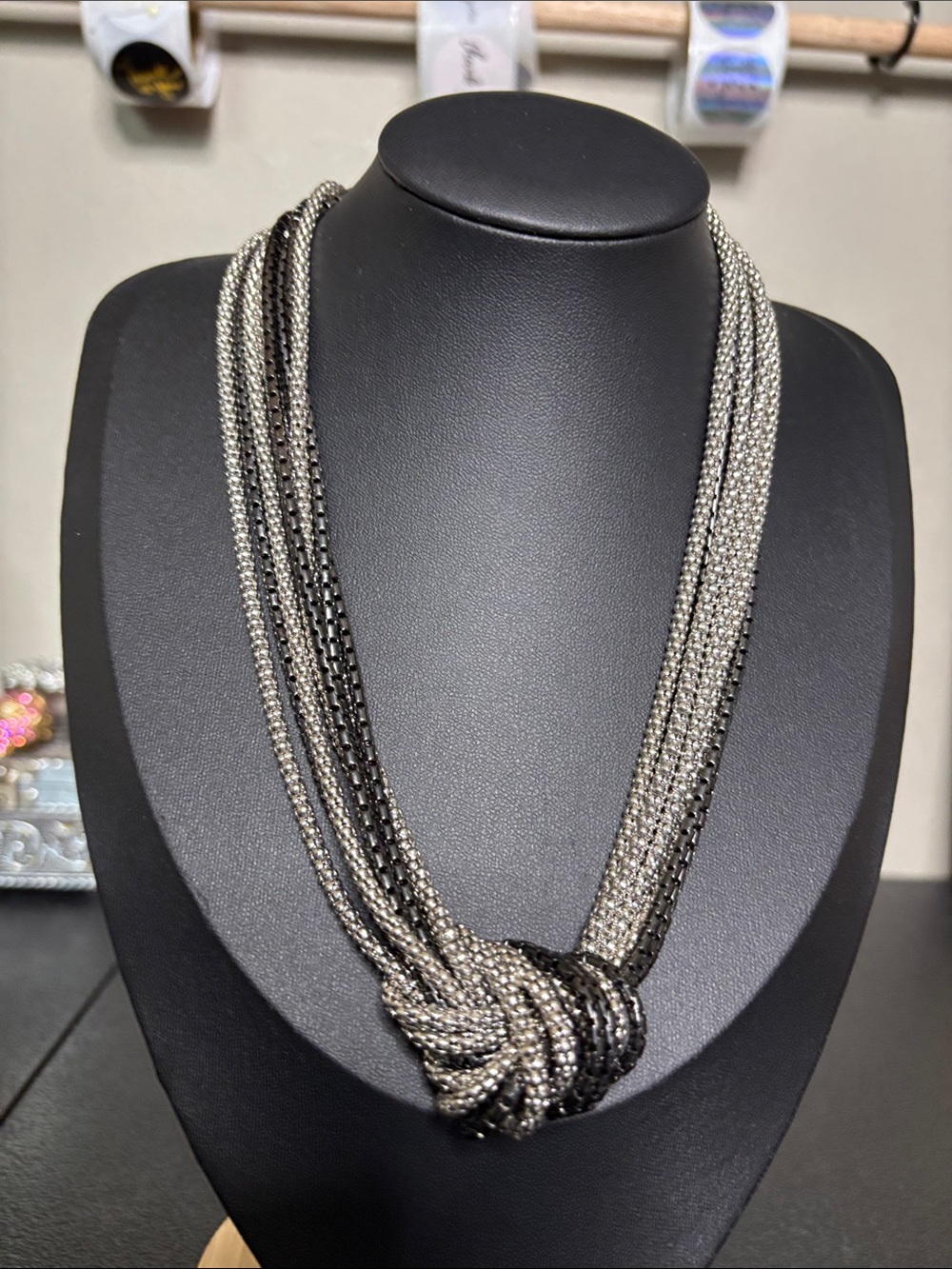 BCBGeneration Multi-Strand Knot Necklace Silver Black Jewelry Statement Unique